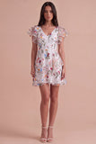 Ivory Floral V-Neck Ruffled A-Line Short Cocktail Dress with Sleeves