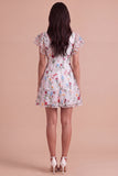 Ivory Floral V-Neck Ruffled A-Line Short Cocktail Dress with Sleeves