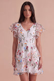 Ivory Floral V-Neck Ruffled A-Line Short Cocktail Dress with Sleeves