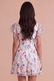 Ivory Floral V-Neck Ruffled A-Line Short Cocktail Dress with Sleeves