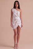 Ivory Floral One Shoulder Bodycon Ruched Short Cocktail Dress with Bow