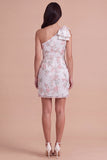 Ivory Floral One Shoulder Bodycon Ruched Short Cocktail Dress with Bow