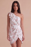 Ivory Floral One Shoulder Bodycon Ruched Short Cocktail Dress with Bow