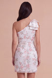 Ivory Floral One Shoulder Bodycon Ruched Short Cocktail Dress with Bow