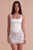 Sparkly Sequins Ivory Corset Thick Straps Bodycon Short Cocktail Dress