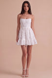 Ivory Floral A-Line Strapless Short Cocktail Dress with Ruffles