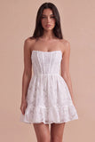 Ivory Floral A-Line Strapless Short Cocktail Dress with Ruffles
