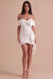 Ivory Off the Shoulder Ruched Bodycon Short Cocktail Dress with Bow