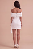 Ivory Off the Shoulder Ruched Bodycon Short Cocktail Dress with Bow