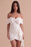 Ivory Off the Shoulder Ruched Bodycon Short Cocktail Dress with Bow