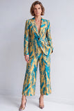 2 Piece Yellow and Purple Peak Lapel Wide Leg Women Suits with Buttons