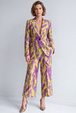 2 Piece Yellow and Purple Peak Lapel Wide Leg Women Suits with Buttons