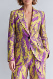 2 Piece Yellow and Purple Peak Lapel Wide Leg Women Suits with Buttons