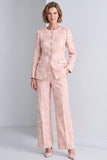Pink Floral 2 Piece Single Breasted Round Neck Women Suits with Sleeves