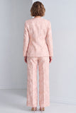 Pink Floral 2 Piece Single Breasted Round Neck Women Suits with Sleeves