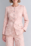 Pink Floral 2 Piece Single Breasted Round Neck Women Suits with Sleeves