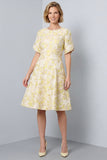 Floral Light Yellow A-Line Round Neck Midi Jacquard Work Dress with Sleeves