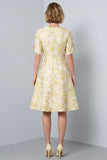 Floral Light Yellow A-Line Round Neck Midi Jacquard Work Dress with Sleeves
