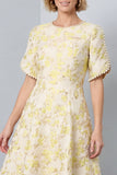 Floral Light Yellow A-Line Round Neck Midi Jacquard Work Dress with Sleeves