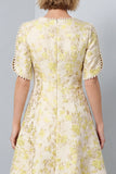 Floral Light Yellow A-Line Round Neck Midi Jacquard Work Dress with Sleeves