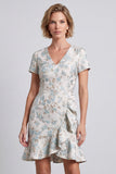 Light Blue Floral V-Neck Ruffled Short Bodycon Work Dress