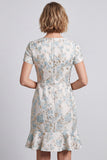 Light Blue Floral V-Neck Ruffled Short Bodycon Work Dress