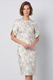 Light Blue Floral Round Neck Jacquard Midi Work Dress with Sleeves