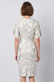 Light Blue Floral Round Neck Jacquard Midi Work Dress with Sleeves
