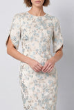 Light Blue Floral Round Neck Jacquard Midi Work Dress with Sleeves