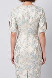 Light Blue Floral Round Neck Jacquard Midi Work Dress with Sleeves