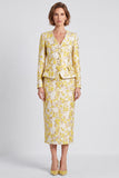 Light Yellow 2 Piece Floral V-Neck Pencil Midi Work Dress with Silt