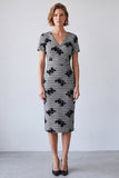 Black and White Floral V-Neck Plaid Midi Work Dress with Slit