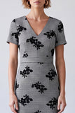 Black and White Floral V-Neck Plaid Midi Work Dress with Slit