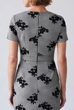 Black and White Floral V-Neck Plaid Midi Work Dress with Slit