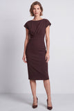 Brown Boat Neck Ruched Pencil Midi Work Dress with Sleeves