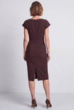 Brown Boat Neck Ruched Pencil Midi Work Dress with Sleeves