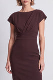 Brown Boat Neck Ruched Pencil Midi Work Dress with Sleeves