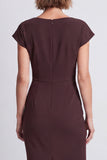Brown Boat Neck Ruched Pencil Midi Work Dress with Sleeves