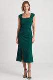Dark Green Square Neck Ruched Midi Pencil Work Dress with Slit