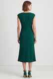 Dark Green Square Neck Ruched Midi Pencil Work Dress with Slit
