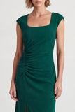 Dark Green Square Neck Ruched Midi Pencil Work Dress with Slit