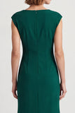 Dark Green Square Neck Ruched Midi Pencil Work Dress with Slit
