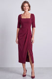 Navy Square Neck Ruched Midi Pnecil Work Dress with Slit