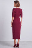 Navy Square Neck Ruched Midi Pnecil Work Dress with Slit