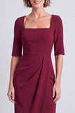 Navy Square Neck Ruched Midi Pnecil Work Dress with Slit