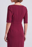 Navy Square Neck Ruched Midi Pnecil Work Dress with Slit