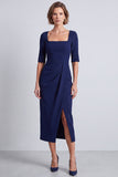 Navy Square Neck Ruched Midi Pnecil Work Dress with Slit