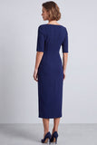 Navy Square Neck Ruched Midi Pnecil Work Dress with Slit