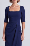 Navy Square Neck Ruched Midi Pnecil Work Dress with Slit