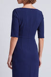 Navy Square Neck Ruched Midi Pnecil Work Dress with Slit